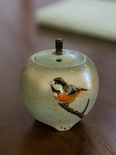 现货 日本九谷烧中村陶志人手绘雀鸟陶瓷香炉 高级美术工艺品摆件